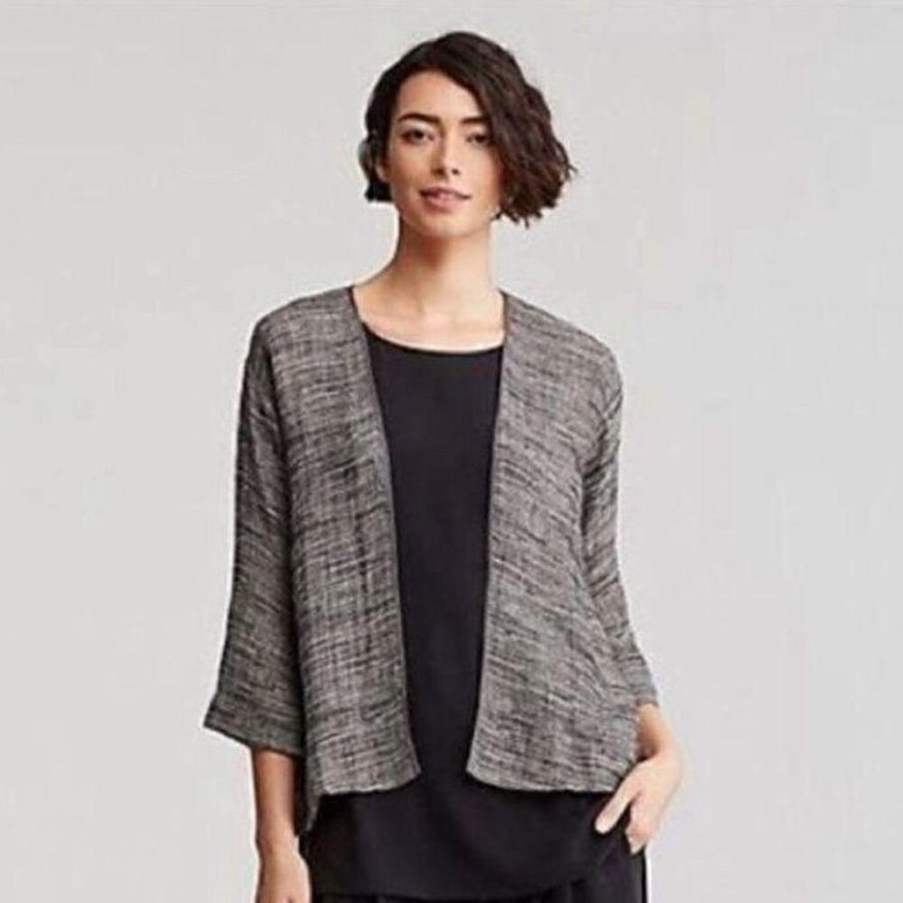 Eileen Fisher | Black Loose Weave Linen Blend Open Front Kimono Jacket Size S